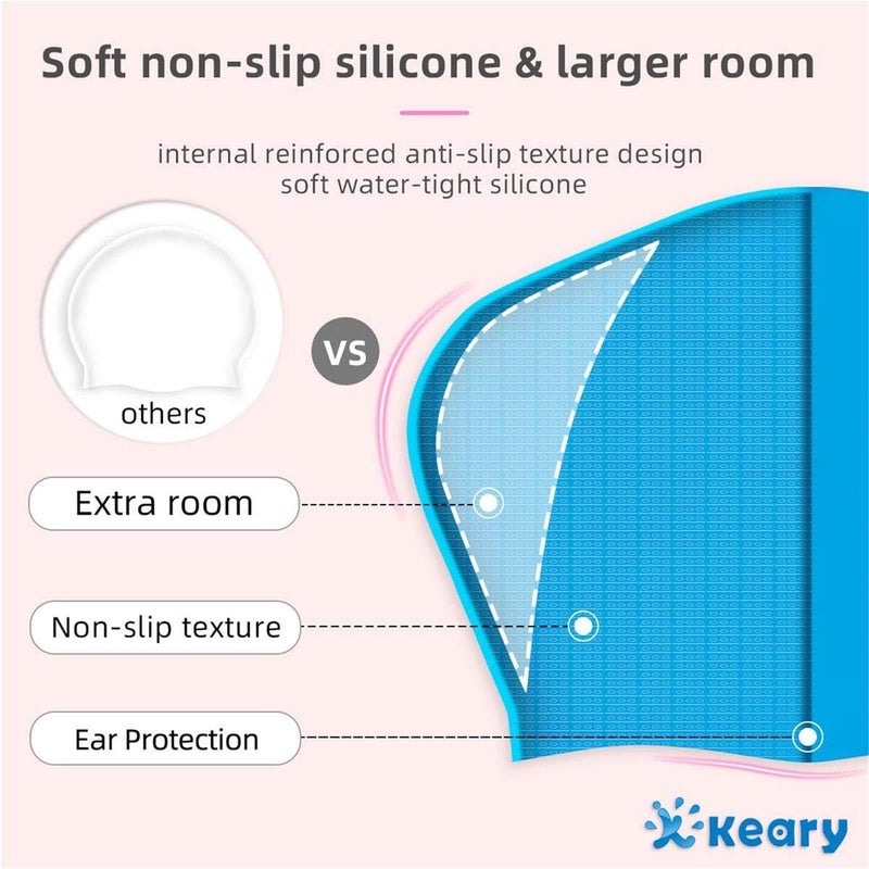 Keary 2 Pack Updated Silicone Swim Cap for Long Hair Women Girl Waterproof Bathing Pool Swimming Cap Cover Ears to Keep Your Hair Dry, 3D Soft Stretchable Durable and Anti-Slip, Easy to Put On and Off - Image 4
