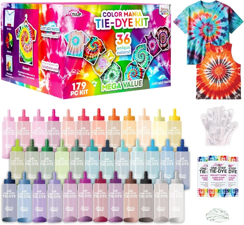 Tulip One-Step Tie-Dye Color Mania 36 Vibrant Colors, All-in-One Tie Dye Kit for Large Groups, Permanent Fabric Dye Pre-Filled Bottles, Gloves, Instructions - Image 1