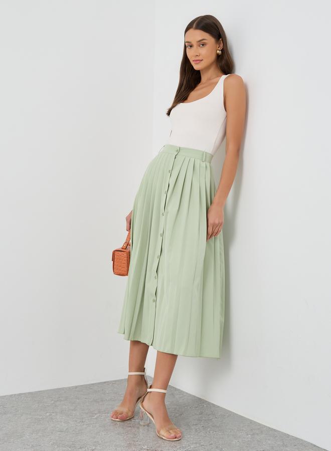 Styli Pleated Buttoned A-Line Midi Skirt - Image 1