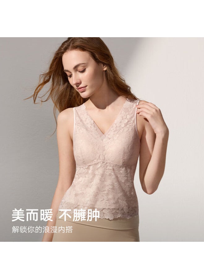 Maniform Manifen Modal Thermal Vest Women Lycra Seamless Antibacterial Lace Trim Back Beauty Cup Integrated Bra Base Shirt - Image 2