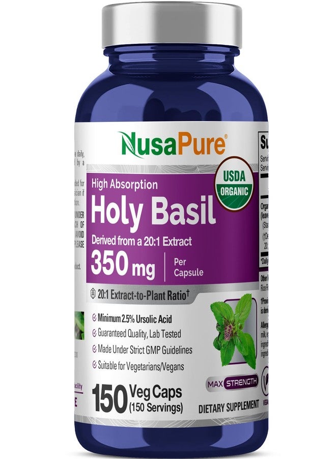 NusaPure Organic Holy Basil, Non-GMO, Vegan, 350mg, 150 Veg Capsules - 150 Servings - Image 1