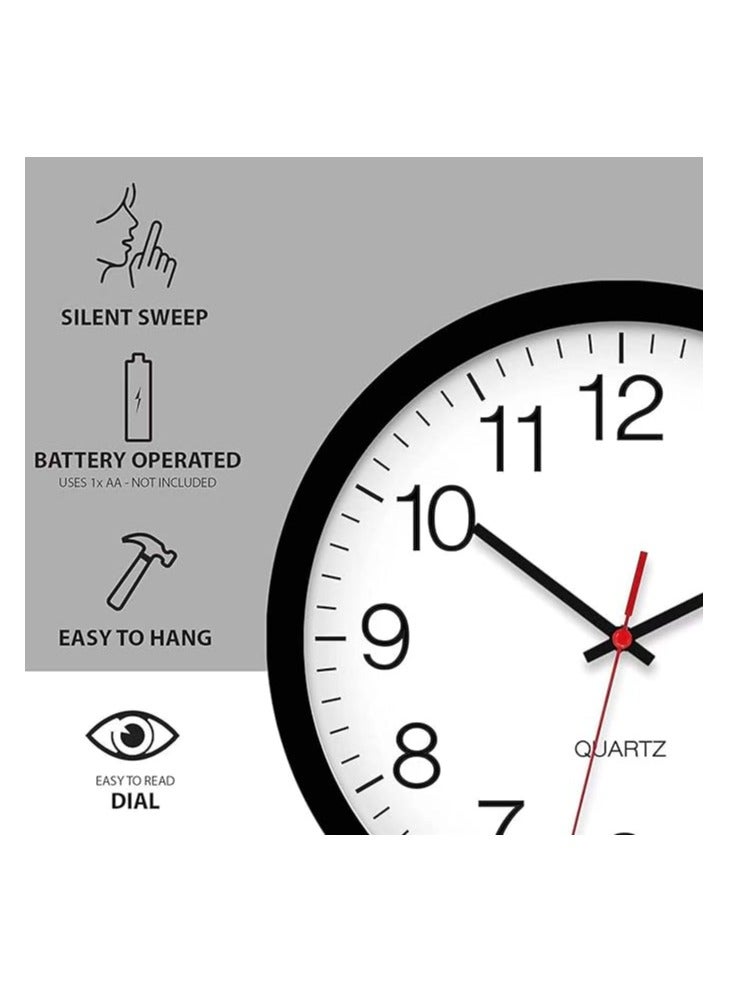 Raxoom Clock Silent Non Ticking 10 Inch Quality Quartz Battery Operated Round Easy to Read Home/Office/Kitchen/Classroom/School Clock Sweep Movement (Black) - Image 2