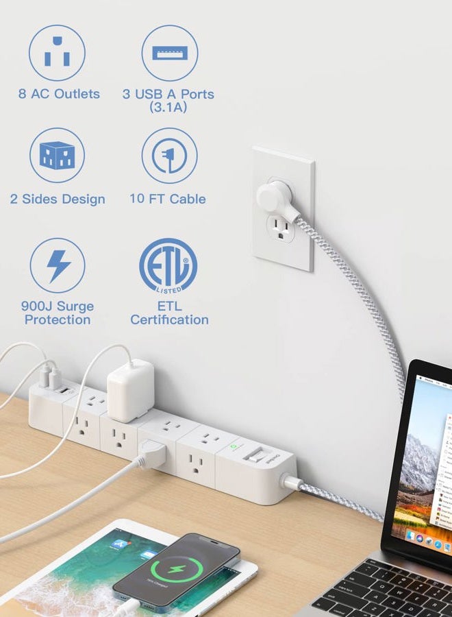 One Beat 10 ft Extension Cord, Power Strip Surge Protector - 8 Widely AC Outlets 3 USB, Flat Plug, Desktop Charging Station with Overload Protection, Wall Mount for Home, Office, Travel, Computer ETL Listed - Image 2