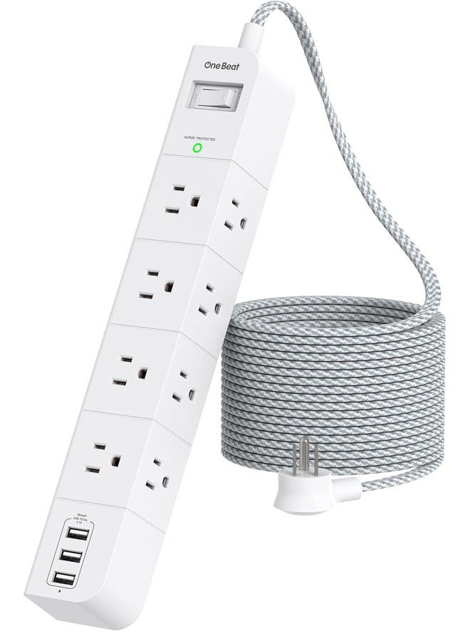 One Beat 10 ft Extension Cord, Power Strip Surge Protector - 8 Widely AC Outlets 3 USB, Flat Plug, Desktop Charging Station with Overload Protection, Wall Mount for Home, Office, Travel, Computer ETL Listed - Image 1