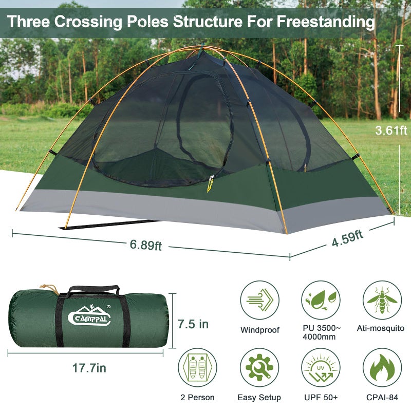 Camppal 2 Person Backpacking Tent, Waterproof 4 Season Tent, Windproof Rainproof Cold Weather Winter Tent for Camping, Hiking, Hunting, Motorbiking, Cycling - Green - Image 3