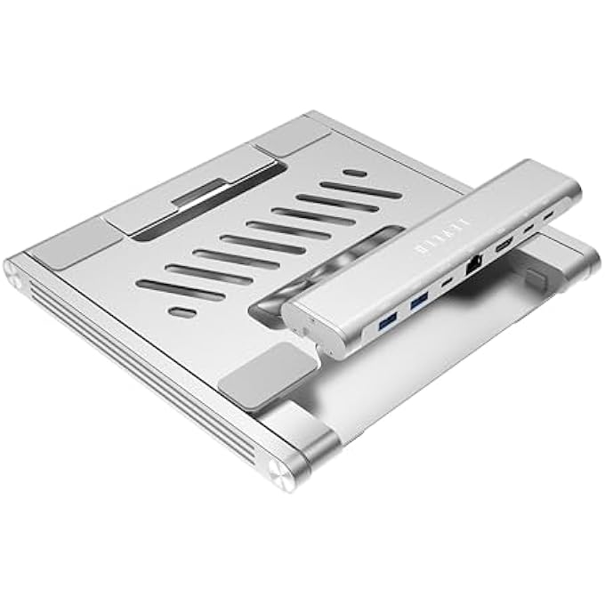 LEVELO AEROLINK LAPTOP STAND WITH BUILT-IN PORTABLE 7 IN 1 HUB, DISMOUNTABLE USB-C HUB, ORBIT-TURNING BASE, 5.5 MAX LOAD, LARGE BASE SUPPORT, FOLDABLE DESIGN, LIGHTWEIGHT, WIDE COMPATIBILITY, SILVER - Image 1