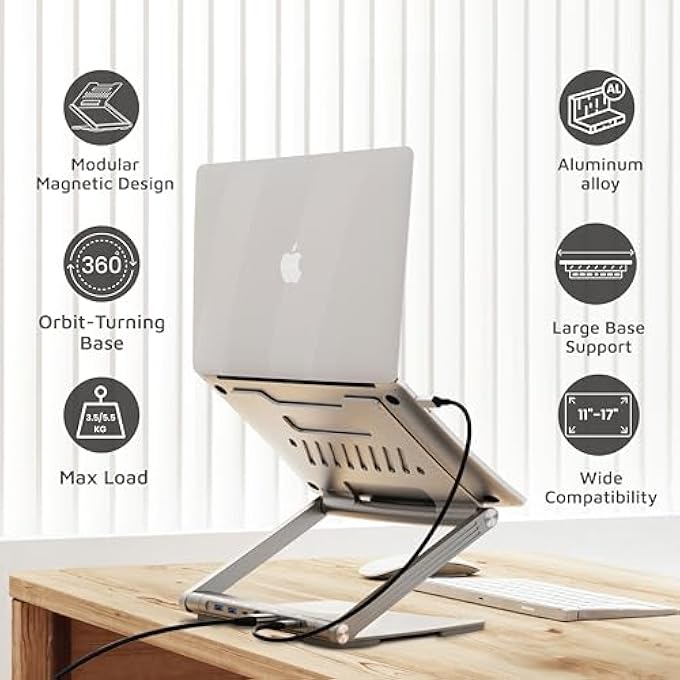 LEVELO AEROLINK LAPTOP STAND WITH BUILT-IN PORTABLE 7 IN 1 HUB, DISMOUNTABLE USB-C HUB, ORBIT-TURNING BASE, 5.5 MAX LOAD, LARGE BASE SUPPORT, FOLDABLE DESIGN, LIGHTWEIGHT, WIDE COMPATIBILITY, SILVER - Image 2