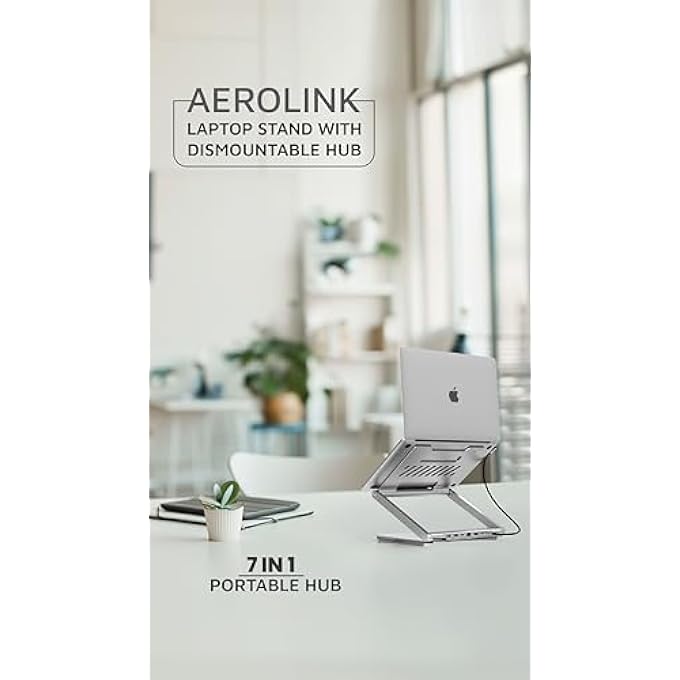 LEVELO AEROLINK LAPTOP STAND WITH BUILT-IN PORTABLE 7 IN 1 HUB, DISMOUNTABLE USB-C HUB, ORBIT-TURNING BASE, 5.5 MAX LOAD, LARGE BASE SUPPORT, FOLDABLE DESIGN, LIGHTWEIGHT, WIDE COMPATIBILITY, SILVER - Image 3