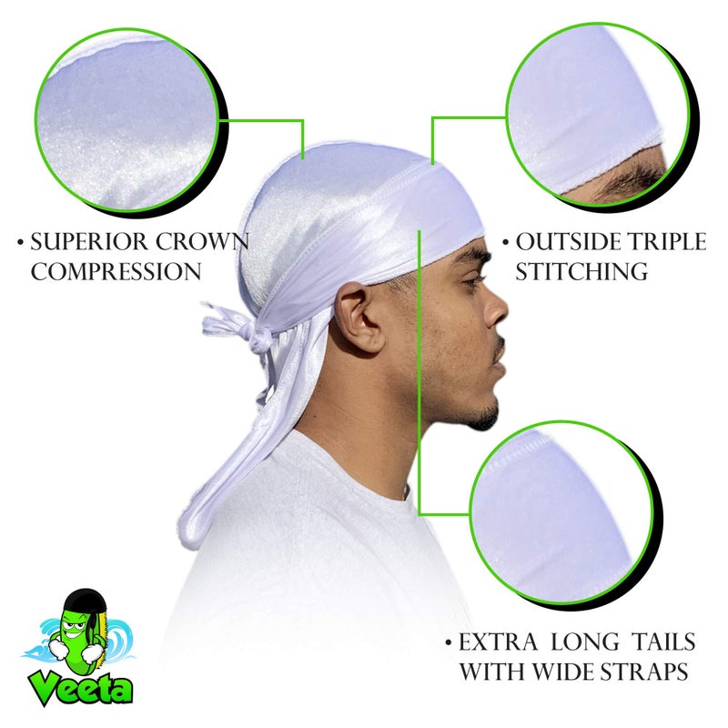 Veeta Superior Silk Durag - Smooth Silk Durag for Men & Women, Long Double Wide Straps, Outside Seam Triple Stitch Du Rag (Ghost White) - Image 3