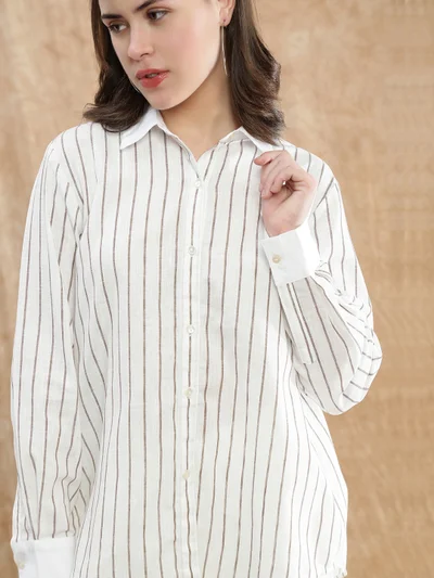 globus Globus Women Brown Striped Spread Collar Cuffed Sleeve Workwear Shirt