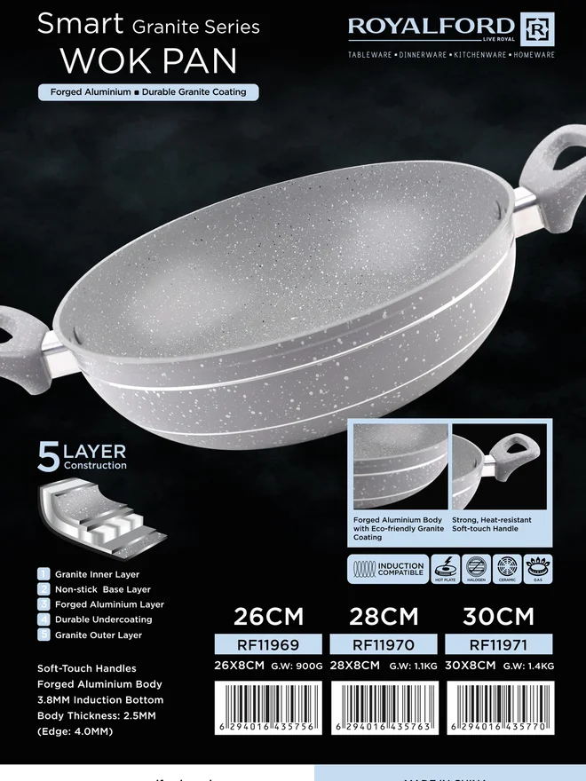 Royalford Smart Granite Series Forged Aluminum Wok Pan 30cm