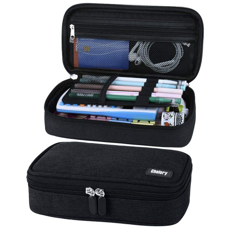 Chelory Big Capacity Pencil Case Large Pencil Bag Pouch Portable Pen Pencil Marker Cases Holder Multi Functional Office Stationery Storage Organizer Supplies Makeup Bag Men Women Black