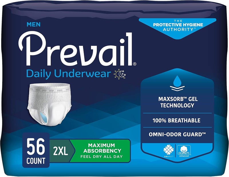 Prevail Incontinence Protective Underwear for Men, Maximum Absorbency, 2X-Large, 56 Count