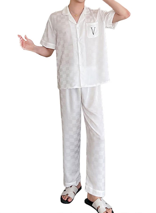 MARGOUN Pajama XL Men Pajamas Houndstooth Ice Silk Homewear Sleep Suit Nightwear Short Sleeve Sleepwear White - Image 2