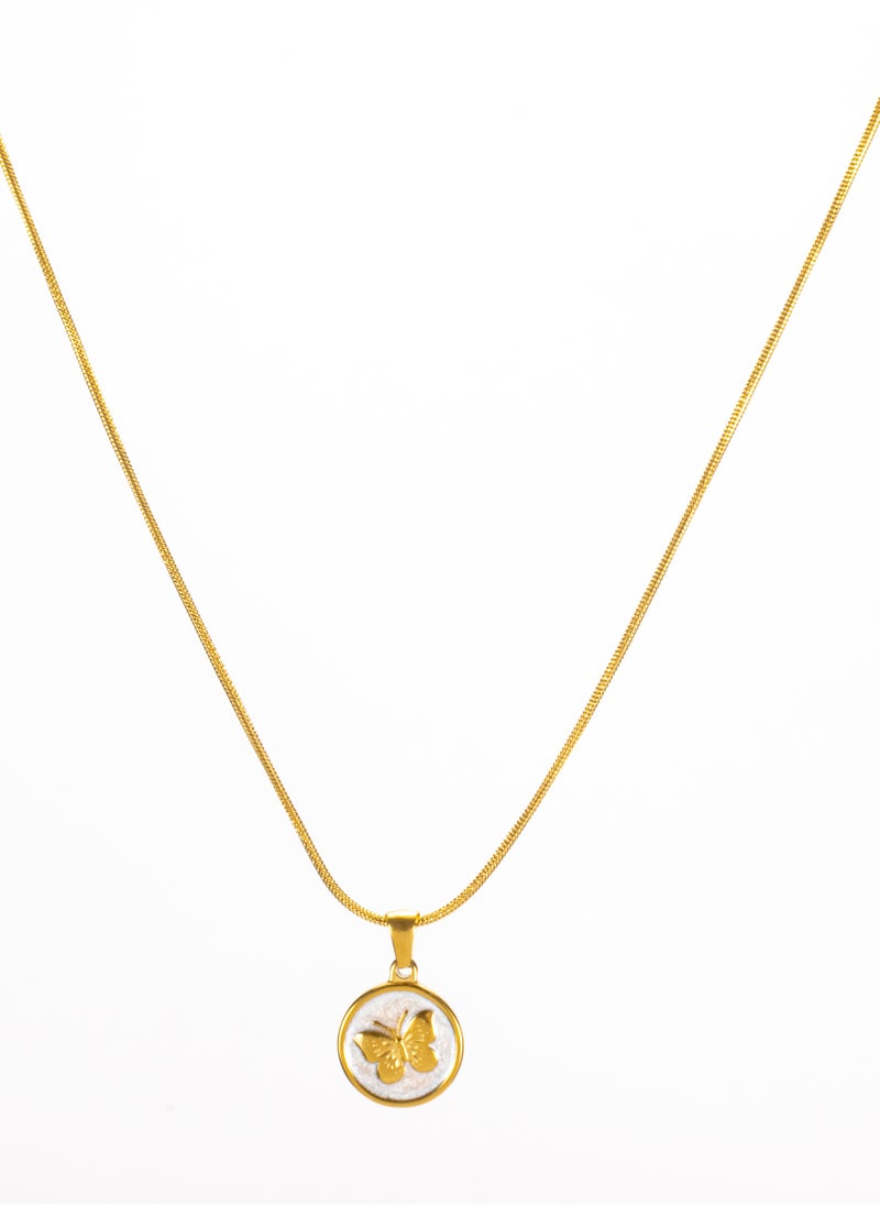 The Black Pearl Accessories - Stainless Steel Golden Necklace with a Butterfly Pendant White - Image 1