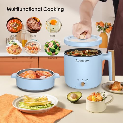 Audecook Hot Pot Electric with Steamer, 1.8L Portable Mini Travel Cooker, Multifunctional Non-Stick Electric Skillet for Stir Fry/Stew/Steam, Perfect for Ramen Noodles/Pasta/Egg/Soup/Oatmeal(Blue) - Image 2