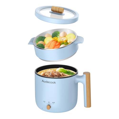 Audecook Hot Pot Electric with Steamer, 1.8L Portable Mini Travel Cooker, Multifunctional Non-Stick Electric Skillet for Stir Fry/Stew/Steam, Perfect for Ramen Noodles/Pasta/Egg/Soup/Oatmeal(Blue) - Image 1