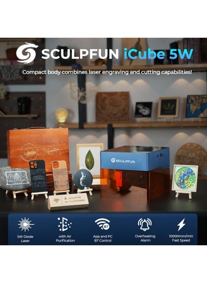 سكلبفون آلة النقش بالليزر SCULPFUN iCube Pro، 5000 ملي واط، قطاعة ليزر مكتبية مع نظام ترشيح الدخان، مساحة نقش 125×125 مم، لا حاجة للتجميع، دقة نقش 0.01 مم (5 واط) - Image 2