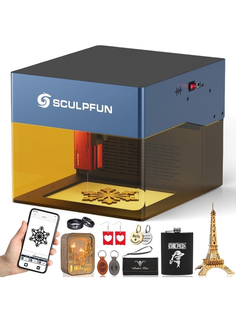 سكلبفون آلة النقش بالليزر SCULPFUN iCube Pro، 5000 ملي واط، قطاعة ليزر مكتبية مع نظام ترشيح الدخان، مساحة نقش 125×125 مم، لا حاجة للتجميع، دقة نقش 0.01 مم (5 واط) - Image 1