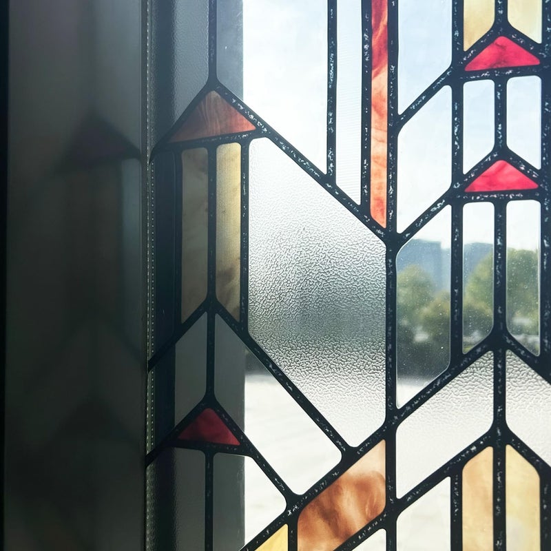 ChicSkin Original Hand Drawn Faux Stained Glass Window Film, Double-Sided Privacy Static Film, Amber Geometry Patterns Inspired by Hollyhock House, See Through 11.02"X55.12" - Image 1