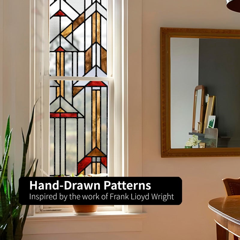 ChicSkin Original Hand Drawn Faux Stained Glass Window Film, Double-Sided Privacy Static Film, Amber Geometry Patterns Inspired by Hollyhock House, See Through 11.02"X55.12" - Image 5