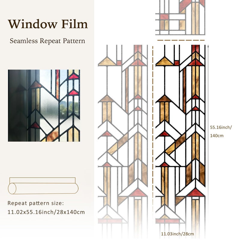 ChicSkin Original Hand Drawn Faux Stained Glass Window Film, Double-Sided Privacy Static Film, Amber Geometry Patterns Inspired by Hollyhock House, See Through 11.02"X55.12" - Image 4