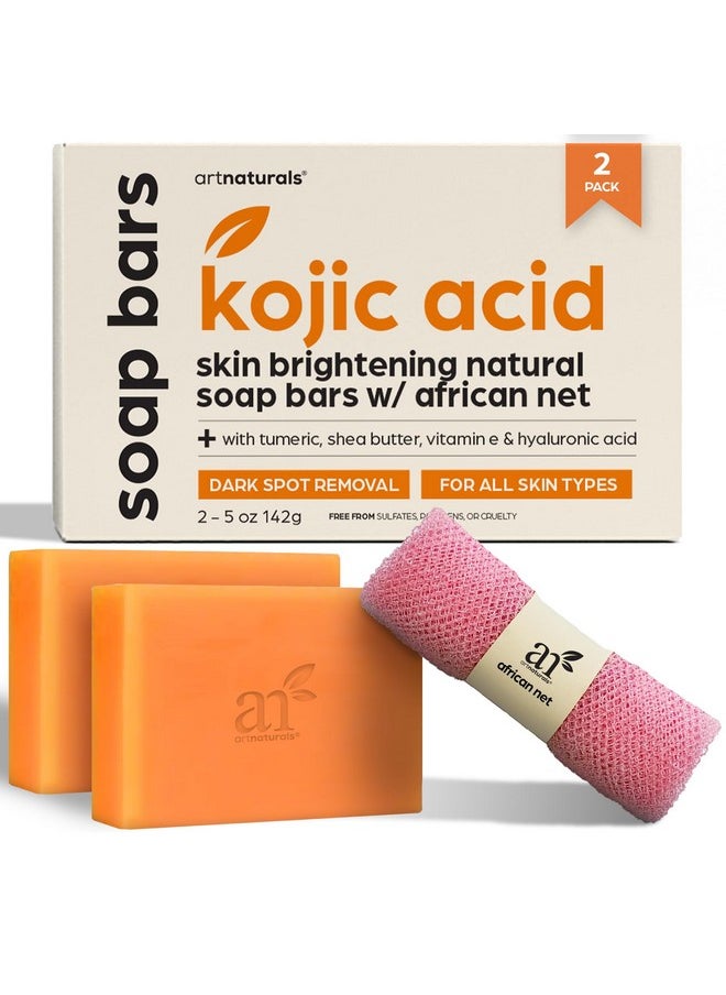 artnaturals Kojic Acid Soap + African Net Sponge (2 Pack X 142G Turmeric Bars) Dark Spot Remover Hyperpigmentation & Scars Original Japanese Complex Vitamin C Hyaluronic Acid Retinol Shea Butter  - Image 1