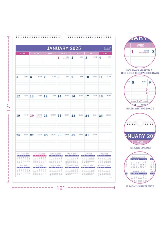 BooQool 2025 Wall Calendar - Jan 2025 - Dec 2025, 12 Months Wall Calendar 2025, 12" X 17", Large Blocks, 2025 Calendar, Spiral Bound  - Image 3