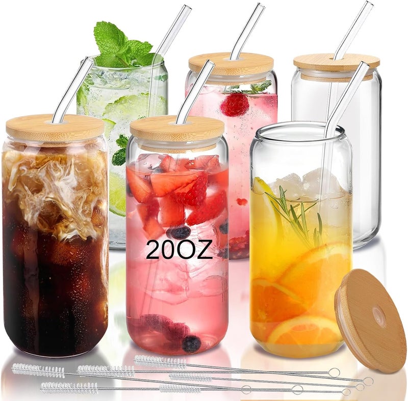 DAMCONME 20oz Glass Cups with Lids and Straws Set of 6 – Large Iced Coffee Tumblers for Couples, Families, or Friends – Reusable Drinkware for Brunch, Home Gatherings, and Holiday Gifting - Image 1