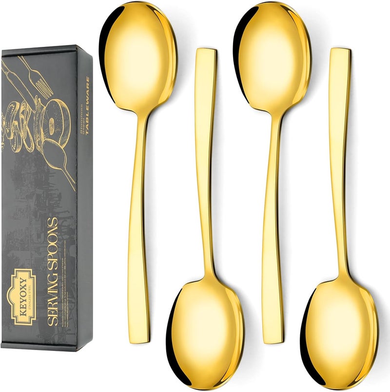 KEYOXY 4 Piece Stainless Steel Serving Spoons Set - 4 Large Spoons, 9.2-Inch, Dishwasher Safe, for Parties/Kitchen/Buffet/Catering,Gold - Image 1