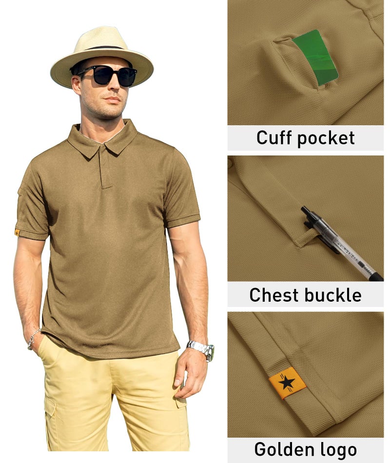 ZITY Mens Polo Shirt Short Sleeve Sports Tactical T-Shirt Athletic Golf Polos Daily Casual Stylish Collared Shirts for Men Khaki X-Large - Image 2