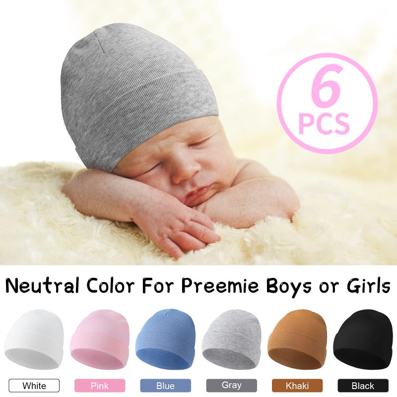 Newcotte 6 Pcs Preemie Baby Hats Cotton Preemie Caps Warm Newborn Beanie Premature Hat for Nicu Premature Boy Girl(Classic Color,Single Style) - Image 4