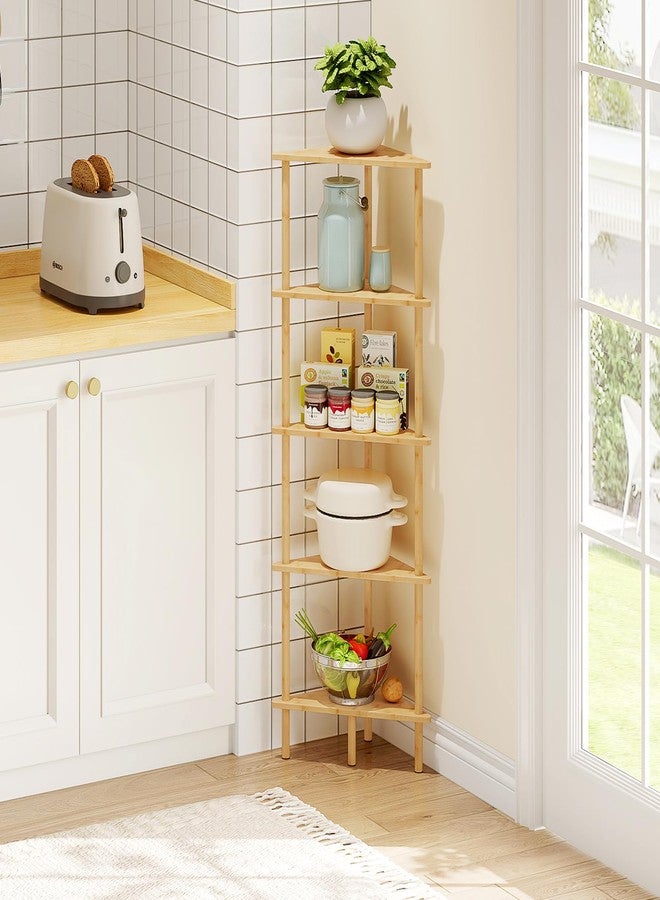 HOOBRO Corner Shelf Stand, 5-Tier Bamboo Wall Corner Bookshelf, Plant Corner Display Shelf, Corner Bookcase, Multipurpose Shelving Unit for Small Space, Living Room, Easy Assembly, Natural YL20CJ01 - Image 5