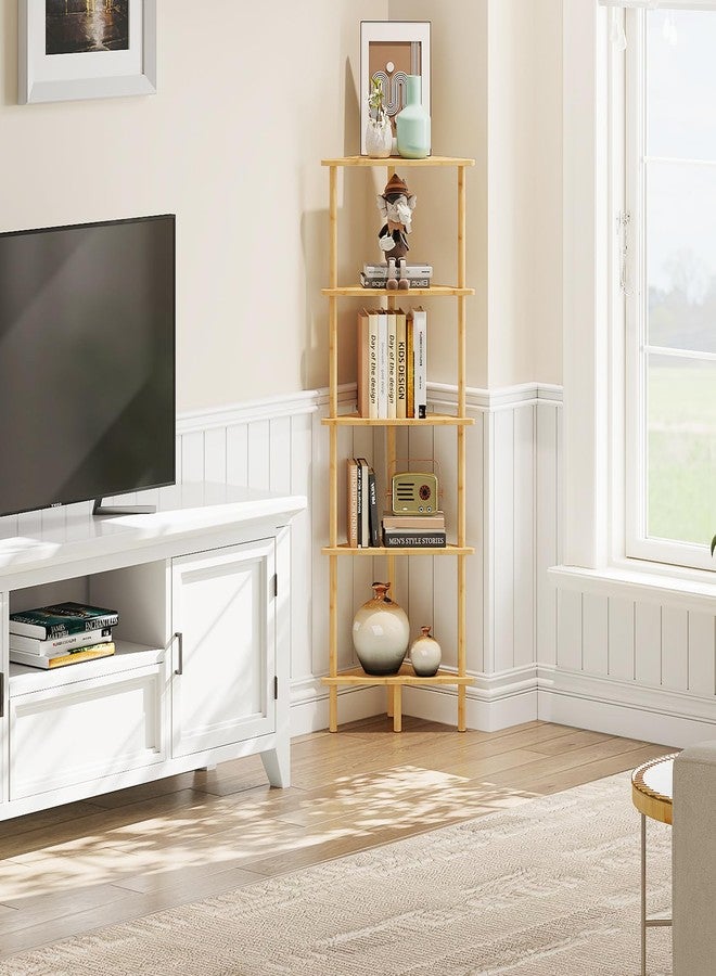 HOOBRO Corner Shelf Stand, 5-Tier Bamboo Wall Corner Bookshelf, Plant Corner Display Shelf, Corner Bookcase, Multipurpose Shelving Unit for Small Space, Living Room, Easy Assembly, Natural YL20CJ01 - Image 2