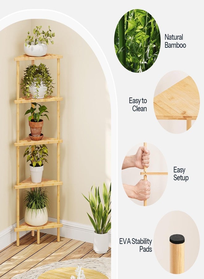 HOOBRO Corner Shelf Stand, 5-Tier Bamboo Wall Corner Bookshelf, Plant Corner Display Shelf, Corner Bookcase, Multipurpose Shelving Unit for Small Space, Living Room, Easy Assembly, Natural YL20CJ01 - Image 3
