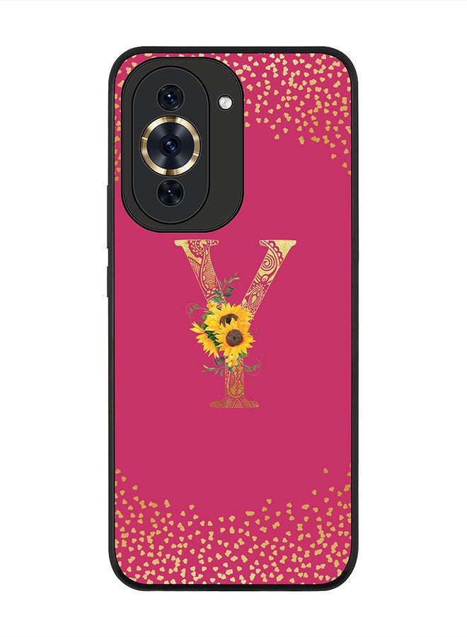 Stylizedd Rugged Black edge case for Huawei nova 10 Pro, Slim fit Thin Cover -  Custom Monogram Initial Letter Mandala Floral Pattern Alphabet- Y  (Dark Pink Rose ) - Image 1