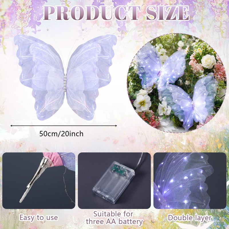 Yinkin 2 Pcs 20 Inch Large LED Butterfly Decorations Mariposas Grandes para Decoracion Giant Light up 3D Butterflies for Wedding Birthday Party Baby Shower Decor(Purple) - Image 2