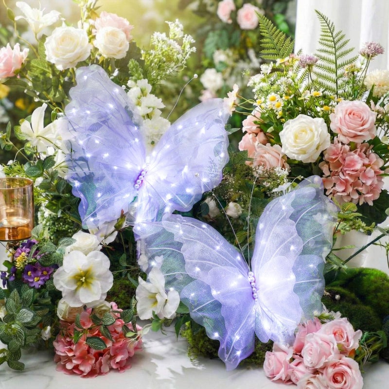 Yinkin 2 Pcs 20 Inch Large LED Butterfly Decorations Mariposas Grandes para Decoracion Giant Light up 3D Butterflies for Wedding Birthday Party Baby Shower Decor(Purple) - Image 1