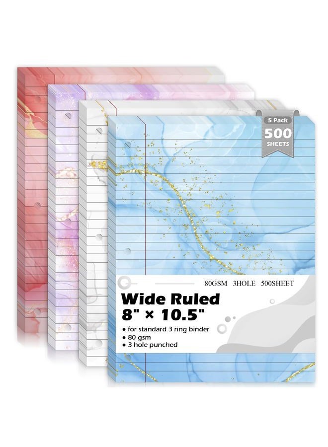 OKWUYiK 500 Sheets 8×10.5 Inch Colored Loose Leaf Paper Wide Ruled for 3-Ring Binder 11/32" Spacing Colored Marble Lined Filler Notebook Paper Wide Ruled 3-Hole Punched 80gsm for School Office - Image 1