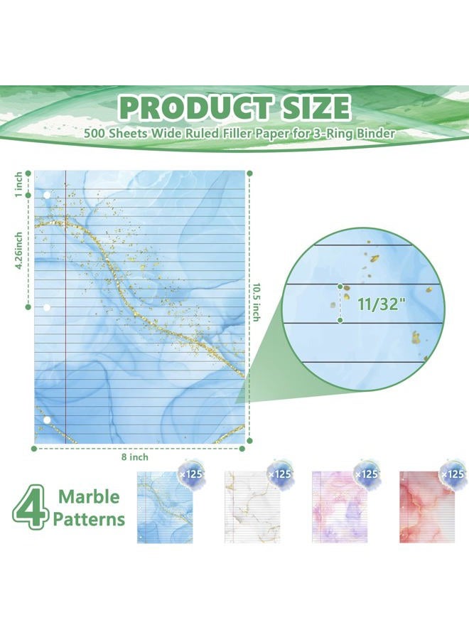 OKWUYiK 500 Sheets 8×10.5 Inch Colored Loose Leaf Paper Wide Ruled for 3-Ring Binder 11/32" Spacing Colored Marble Lined Filler Notebook Paper Wide Ruled 3-Hole Punched 80gsm for School Office - Image 2
