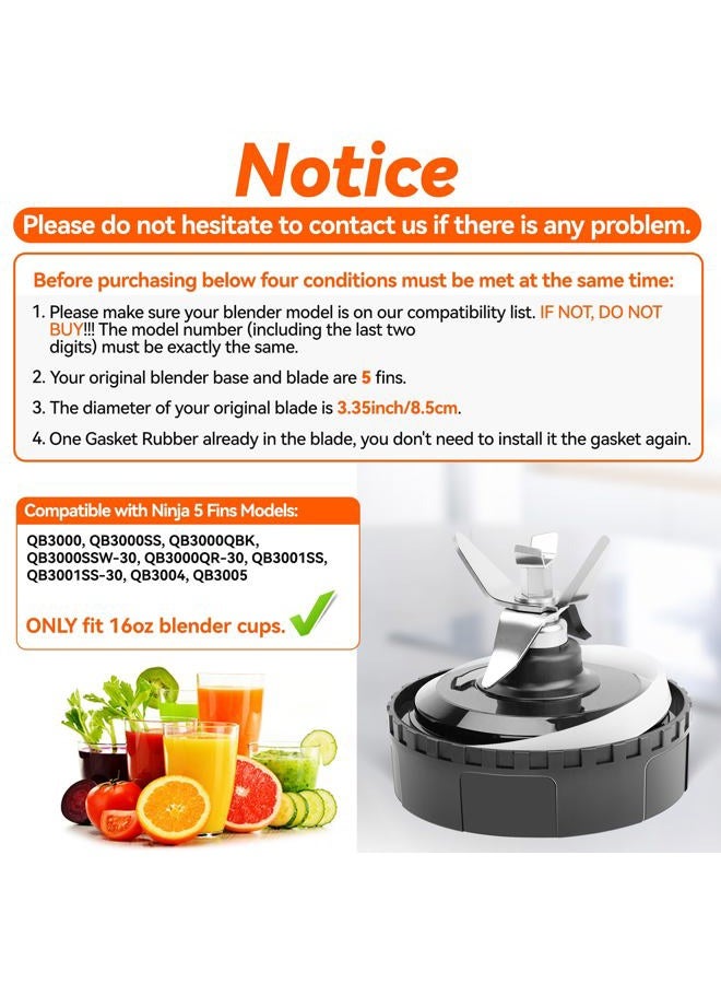 BKFOLIUM 5 Fins Blender Blade Replacement Part For Ninja Blender, 3.35in/8.5cm Extractor Blade Assembly for Ninja QB3000 QB3000QBK QB3000QR-30 QB3001SS QB3001SS-30 QB3004 QB3005 with Hook, Brush, Rubber Gasket - Image 2