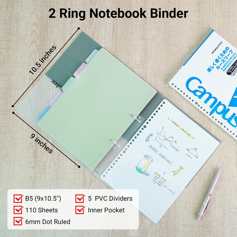KOKUYO 5 Subject Spiral Notebook Journal, Campus 110 Sheets B5 Refillable Notebook with Dividers Tabs, 6mm Dot Lined Binder Notebook for Work School Note Taking. 9" x 10.5", Blue, Japan Import - Image 2