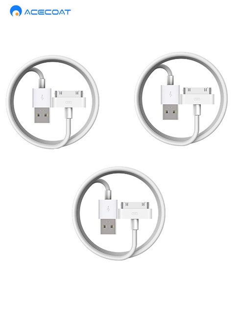 3-Pack 30-Pin Charger Cable 3.3FT(100CM) Compatible for Old iPhone 4 4S 3GS, iPad & iPod Classic 1st 2nd 3rd Generation, iPod Touch 4th, iPod Nano 5th 6th Gen, USB Fast Charge & Sync Charging Cord
