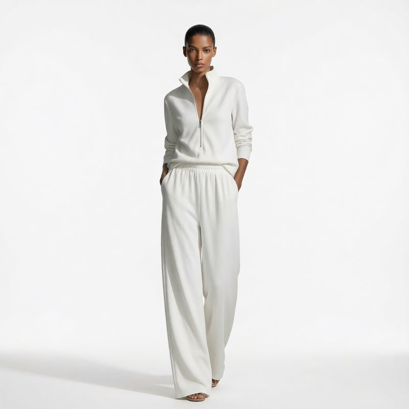 Casual Half Zip Two Piece Set Wide Leg Pants Women's Lounge Suit