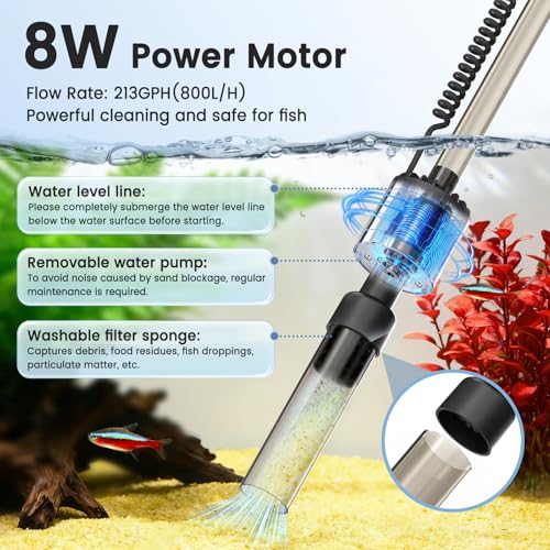 fishkeeper Electric Fish Tank Cleaner – 8W Rechargeable Aquarium Cleaning Tools with Gravel Vacuum, 213GPH Automatic Water Changer with Debris Cleaning & Sand Washing for Freshwater Saltwater Tanks - Image 3