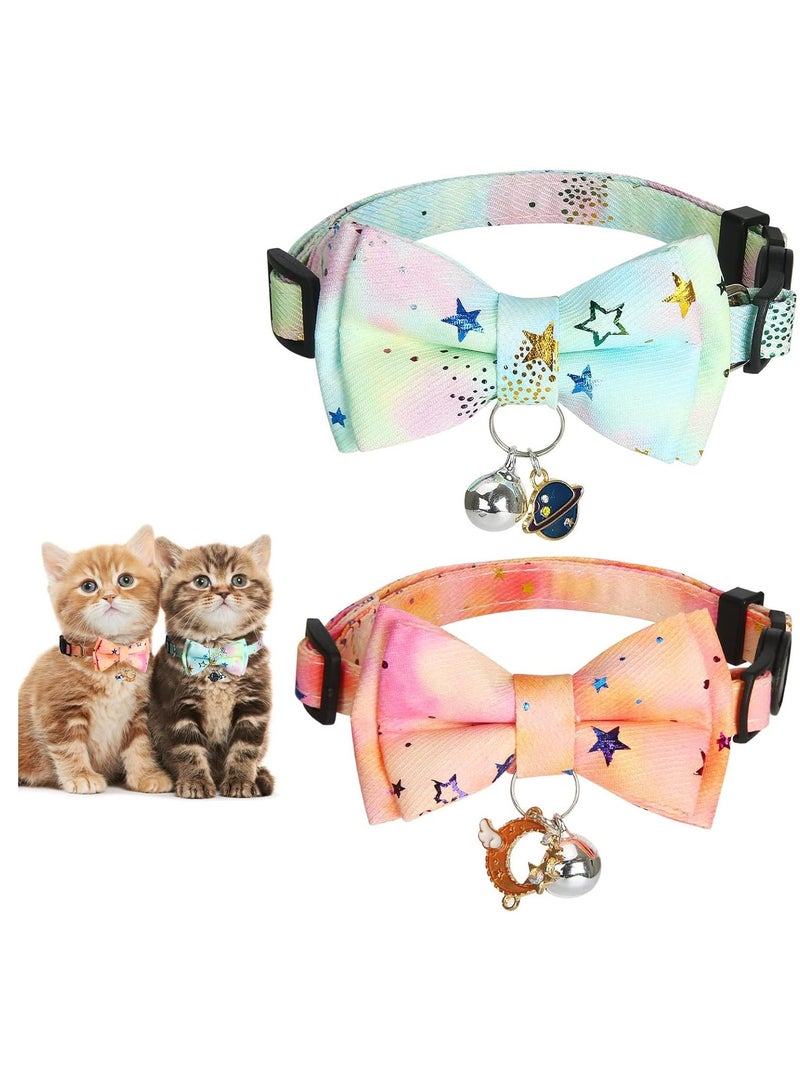 KASTWAVE 2 Pack Breakaway Cat Collar with Removable Bow Tie and Bells, Adjustbale Kitten Collar, Safety Basic Collar with   Patterns for Girl Boy Kitty, Neck 8-11.5" - Image 1