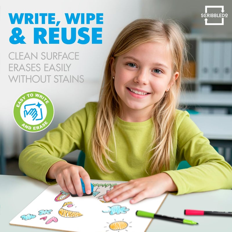Scribbledo 6 Pack Small White Board Dry Erase Boards Classroom Pack Mini White Boards 9" x12â€ Personal Whiteboards for Students Teachers School Supplies Lapboards l 6 Mini Whiteboard Erasers Included - Image 5
