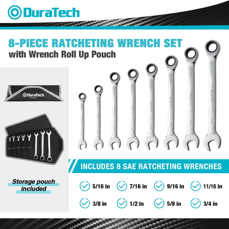 DURATECH Ratcheting Wrench Set, Combination Wrench Set, SAE, 8-piece, 5/16" to 3/4", CR-V Steel, with Pouch - Image 2