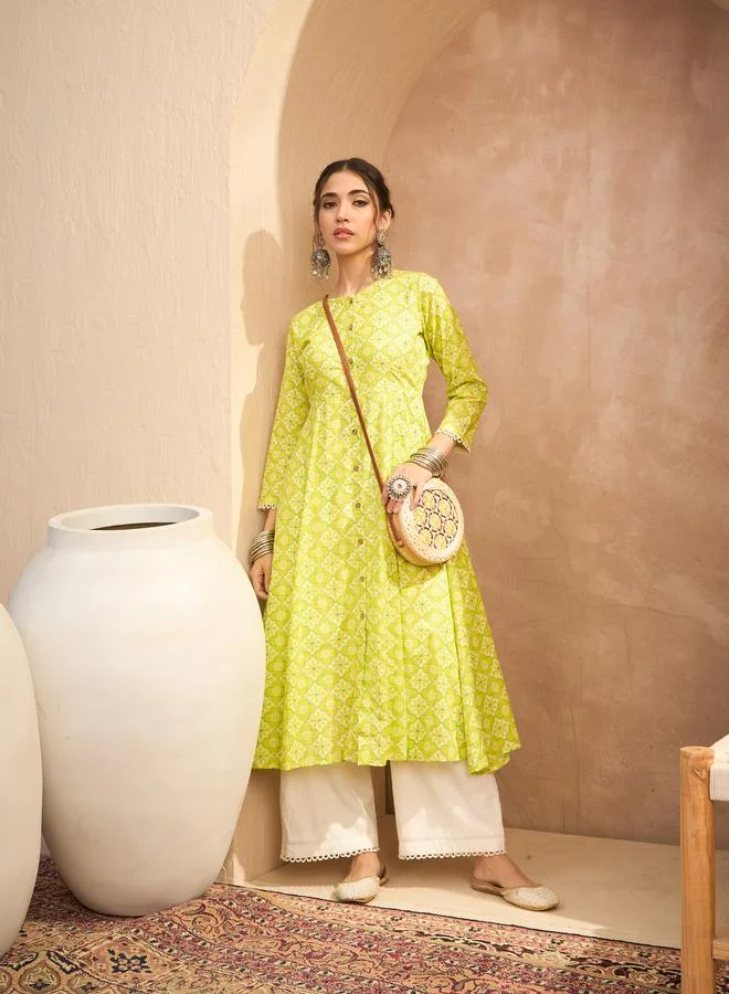 SASSAFRAS  Green Floral Buttoned Pocket Kurta for Women | Best Price UAE