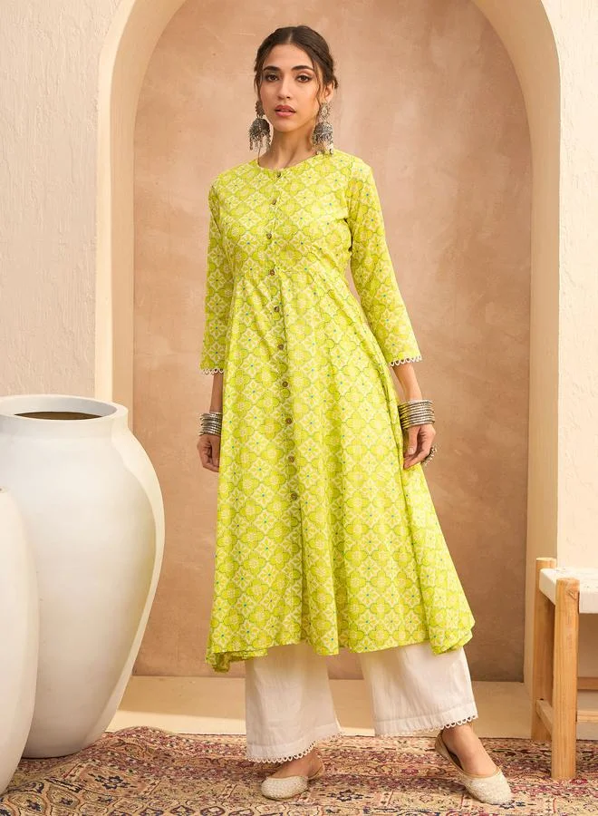 SASSAFRAS  Green Floral Buttoned Pocket Kurta for Women | Best Price UAE